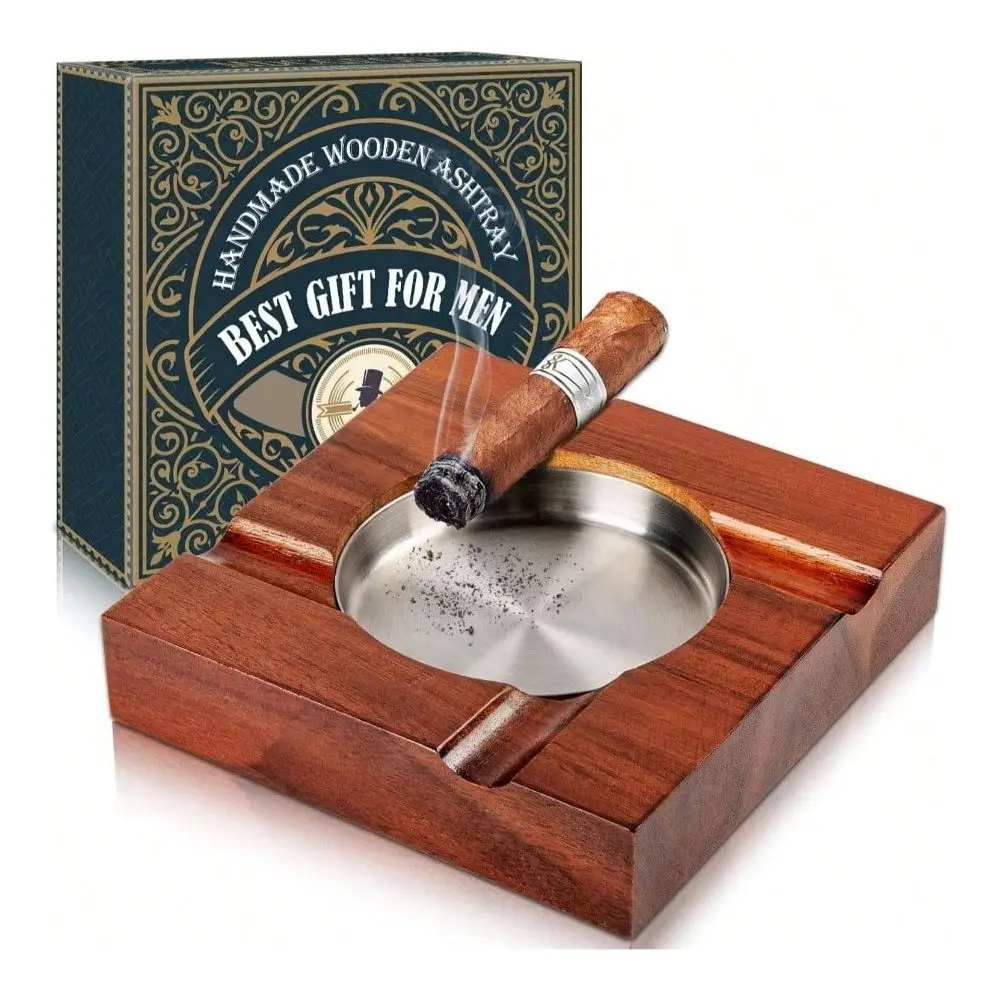 

Ashtray Accessories Cigarettes Indoor Outdoor Patio Home Office Use Square Wooden Brown Ash Tray Set Men With Box Classic