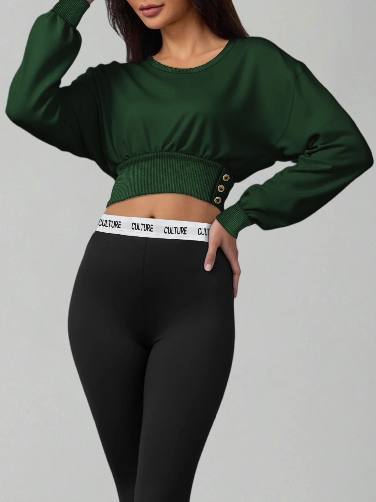 

New Arrival Women Long Sleeve Cropped Sweatshirt, Crew Neck Button Side Ruched Waist Tops, Casual Slim Fit Streetwear Pullover