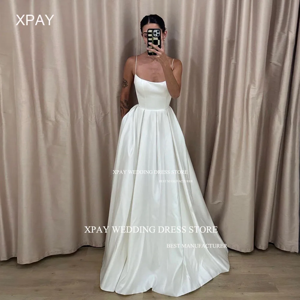 XPAY-elegantes vestidos de cetim drapejados, sem mangas, cintas de espaguete, vestido de noiva personalizado, até o chão, Robe sem encosto, casamento