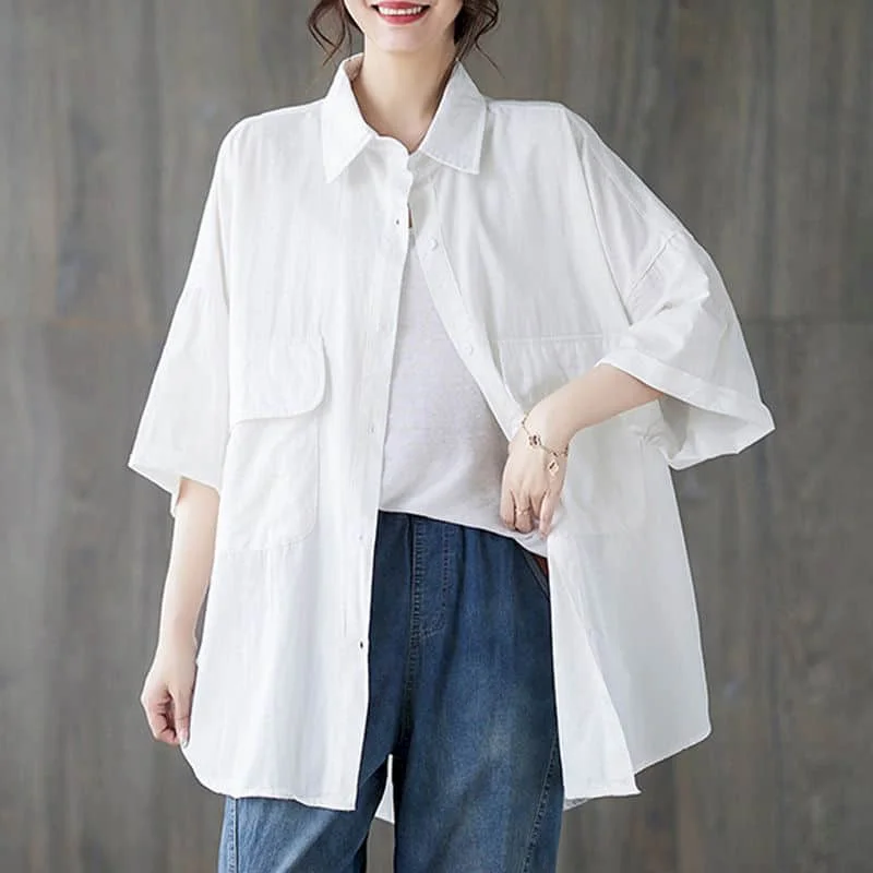 

Solid Shirts for Women Half Sleeve Polo-neck Casual Summer Single Breasted Korean Style Oversized One Piece Blouse Women Tops