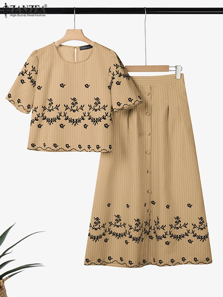 

ZANZEA женские винтажные комплекты из 2 предметов, модные комплекты платьев в полоску с принтом, лето 2025 года, топы с короткими рукавами и длинные юбки, повседневные комплекты, наряды