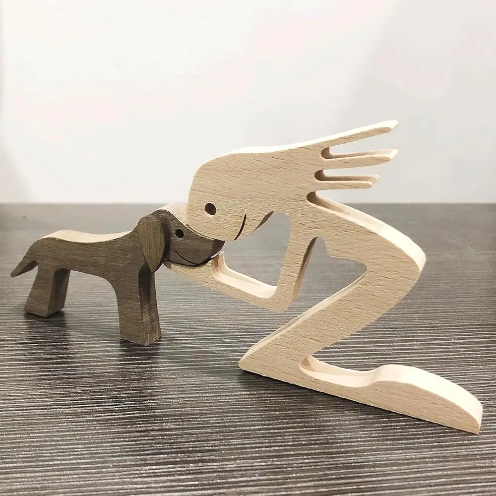

Wood Decor Hand Carving Dog And Woman Figurine Handicrafts Wooden Animal Statue Small Home Living Room Shelf Table Decorative