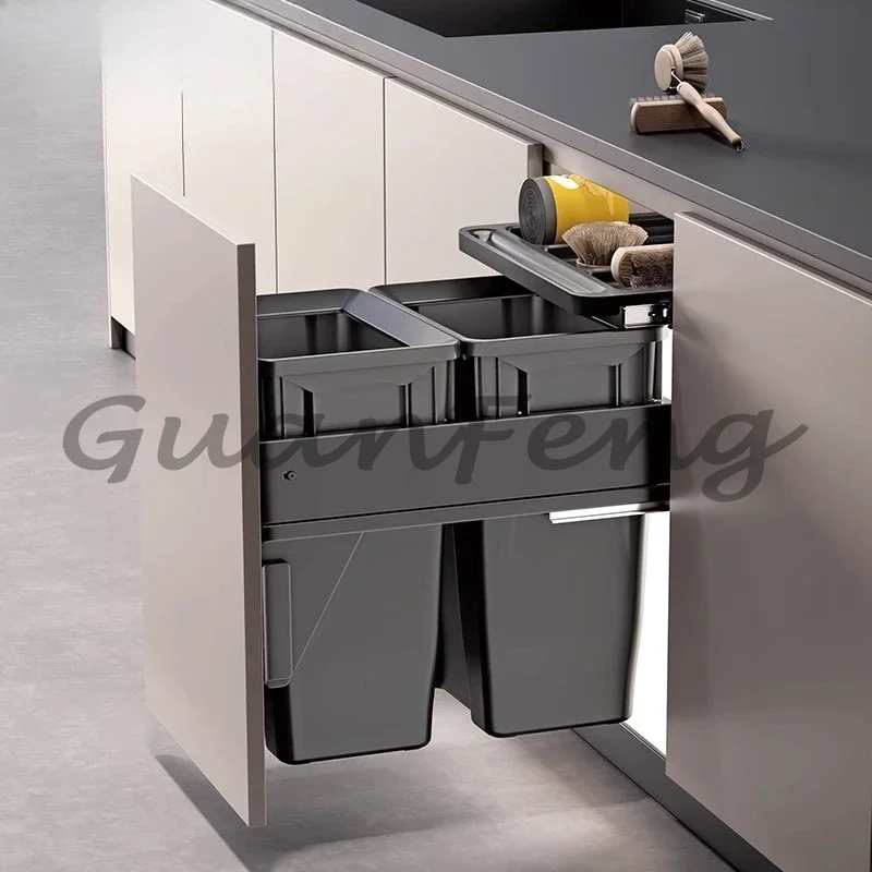 Hidden Double Compartment Built-in Cabinet Trash Bin, Drawer Style Kitchen Trash Can with Lid, Waste Cleaning Bin