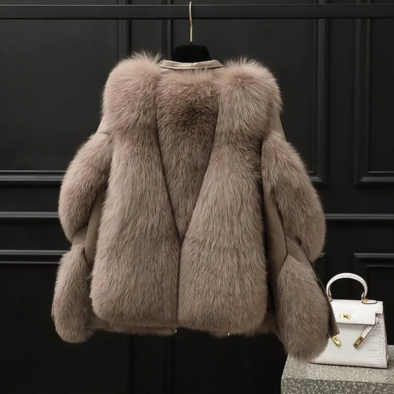 New Women\'s Fur Integrated Motorcycle Jacket Winter Warm Imitation Fox Fur Coat Fashion Snow Female Cold Resistant Fur Outerwear