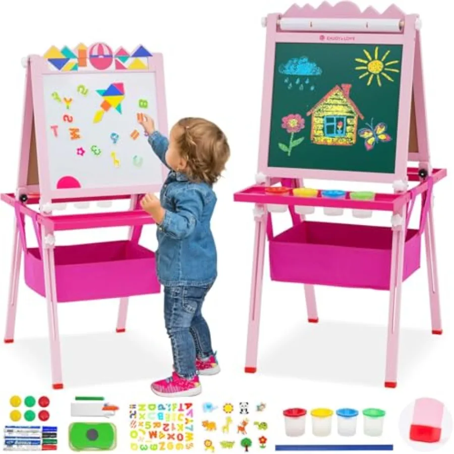 

Double-Sided Wooden Art Easel for 3-10 Years with Adjustable Height Paper Roll Puzzle Tangram Toys Storage Box and Accessories