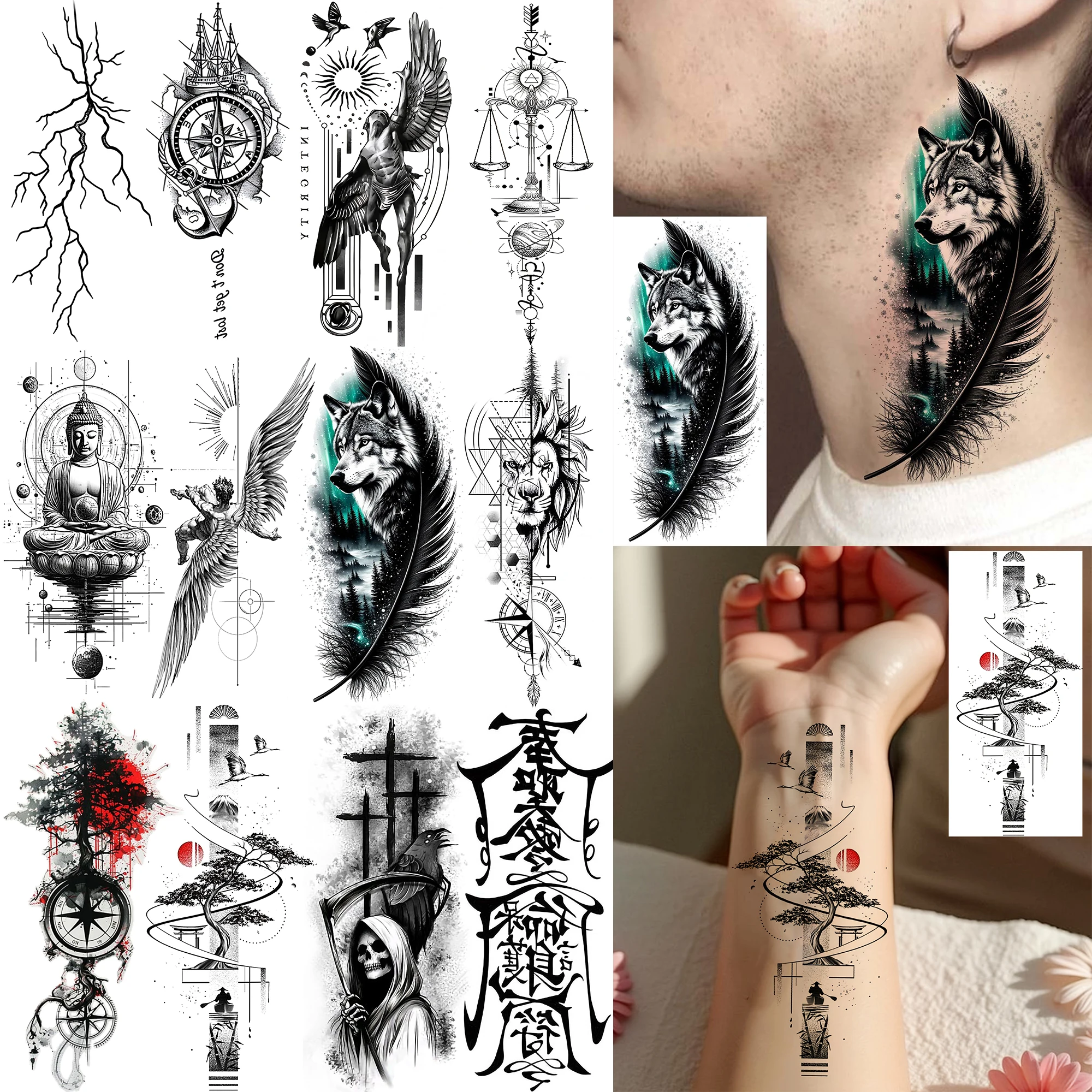 

1 Sheet Buddhist Patriarch Angel's Wings Temporary Tattoos For Adult Neck Arm , Fake Tattoo Sticker Long Lasting Realistic Tatoo