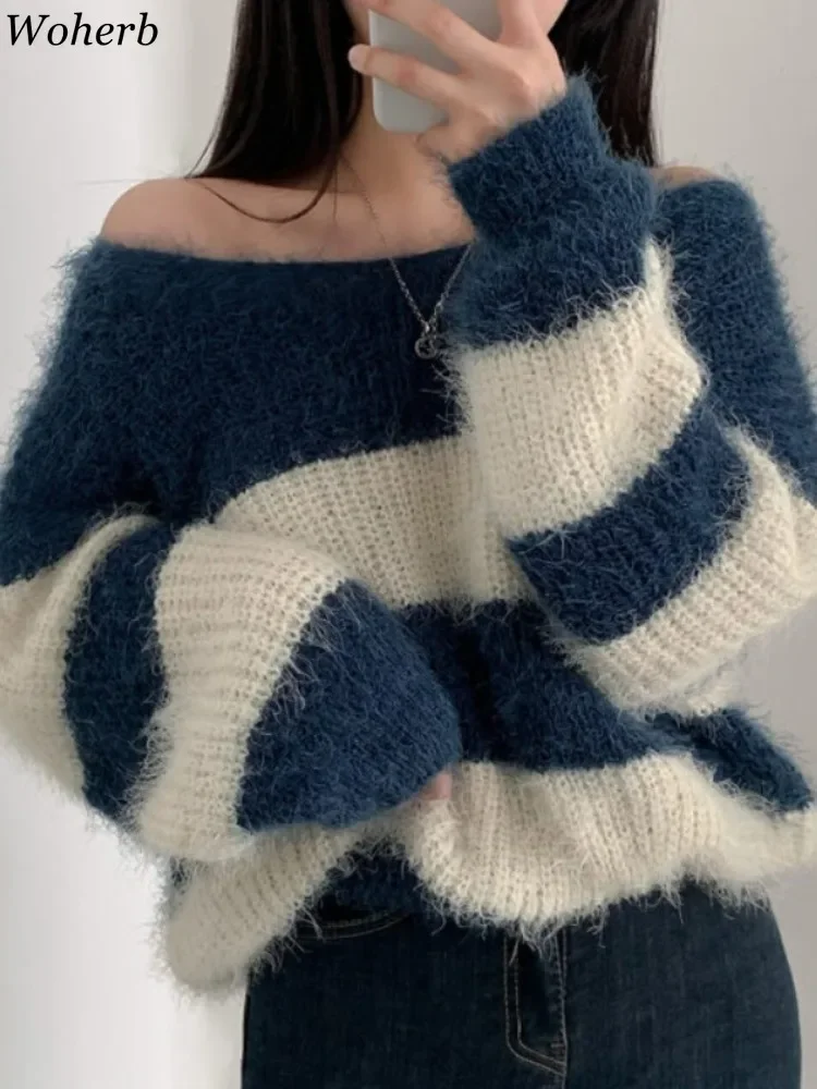 Sueter Mujer Fashion Striped Sweater Women Long Sleeve Hollow Out Mohair Jumper Casual Korean Knitted Thin Pullovers Y2k Tops