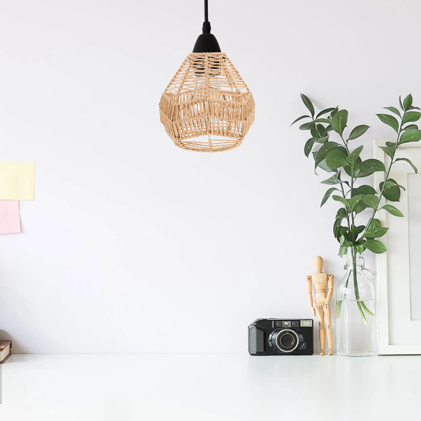 Handwoven Faux Rattan Pendant Lamp Shade – Vintage Hanging Light Fixture for Tea Room & Restaurant Decor