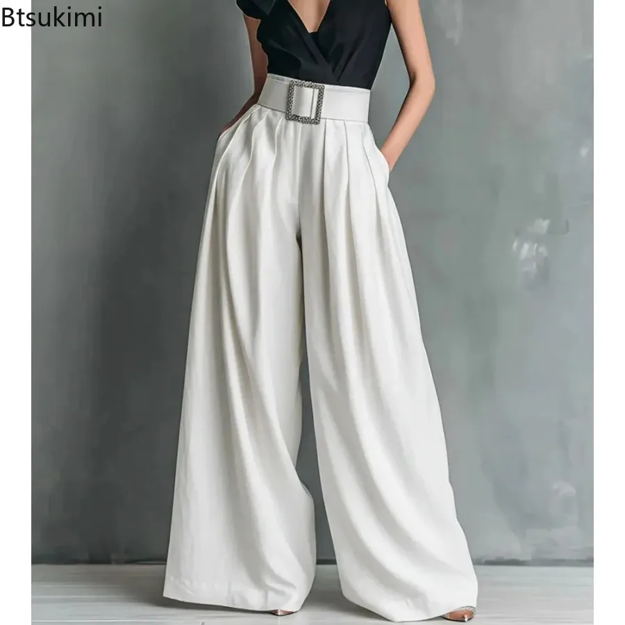 New Fashion High Waist Solid Color Pants Women's Spring Summer Loose Workplace Casual Wide Leg Pants with Pockets Ropa De Mujer