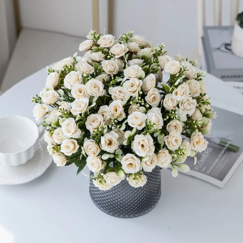 5 Zweige, 15 Blüten, Seidenrosen für Hochzeitssträuße, Festivals, Girlanden, Dekoration, Wohnzimmer, Bonsai, künstliche Blumen, Handarbeit – Detail 5