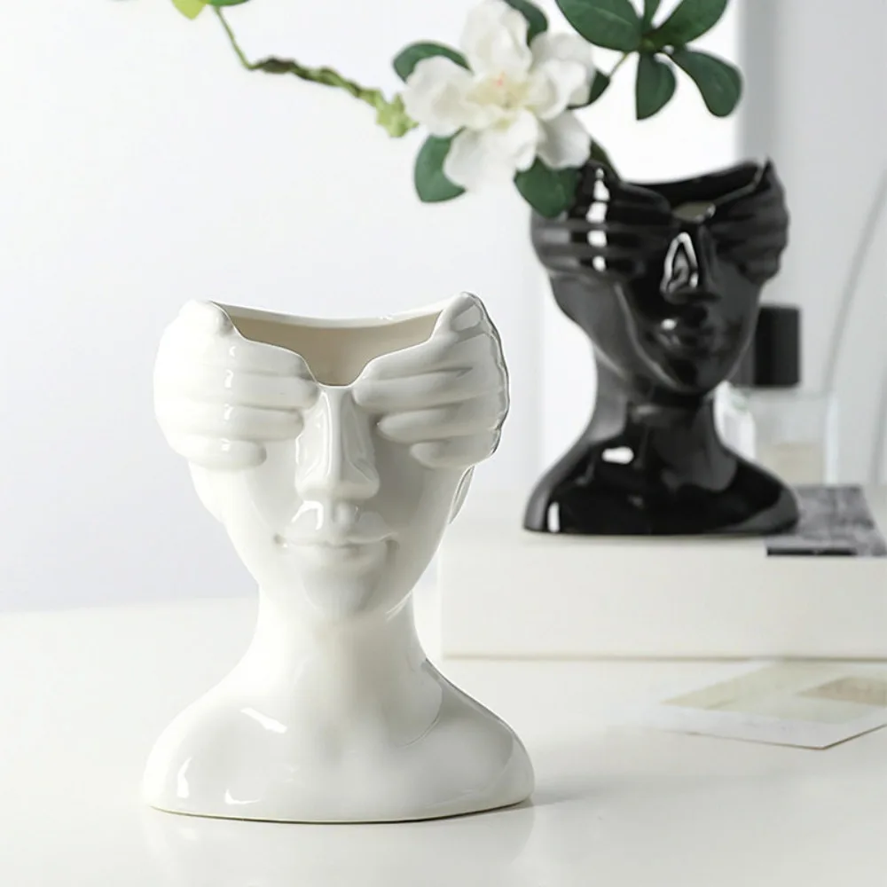 Abstract Female Head Ceramic Vase Hands Cover Eyes Human Face Sculpture Flower Vase Modern Art Bust Statue Home Desktop Decor