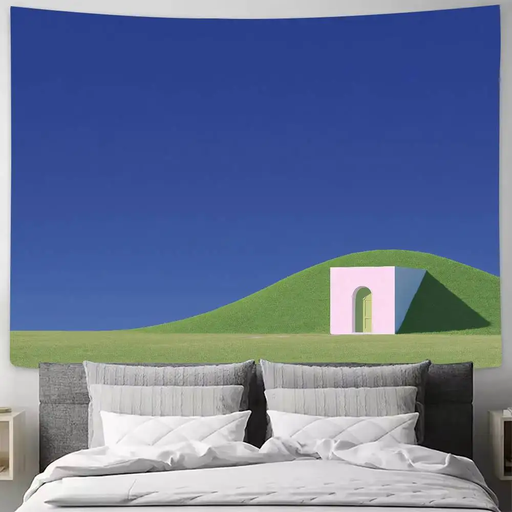 Weirdcore Dreamy Liminal Space Wall Hanging Tapestry Low Poly Empty Grassland Lonely Tree Surreal Dream Landscape Decor for Room