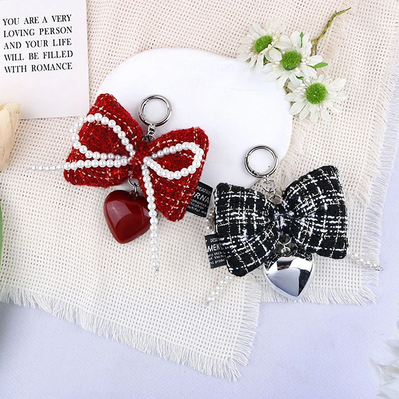 Elegant Sweet Beads Pearl Bowknot Keychain Heart Pendant Keyring Y2K Aesthetic Key Chain Holder for Girl Bag Pendant Accessories