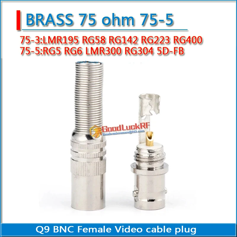 75ohm BNC female connector welding free monitoring camera Q9 copper core 75-3-5 video cable plug RG58 RG142 RG223 RG400 RG5 RG6