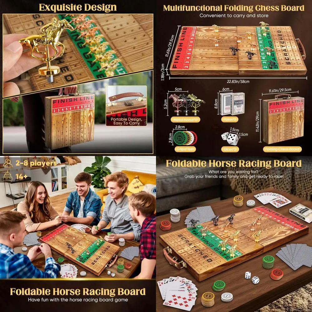 

Dual-Function Folding Wooden Horse Race Game with 11 Metal Horses, Dice, and Card Sets