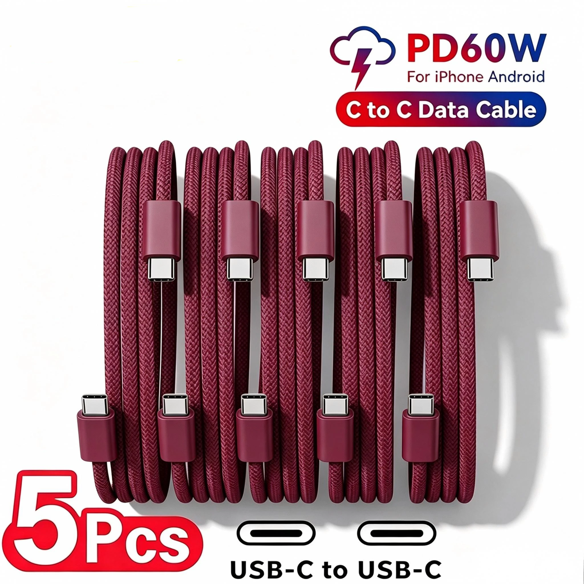 5PCS PD 60W Fast Charger 6A USB C to Type C Cable For iPhone 18 17 16 15 Pro MAX Quick Charging For Samsung S26 Xiaomi Cable