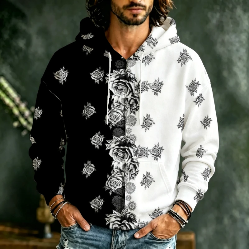 Men Zip Hooded Sweatshirt 3D Floral Rose Dot Botanical Print Drawstring Fashion Outer Garment For Male