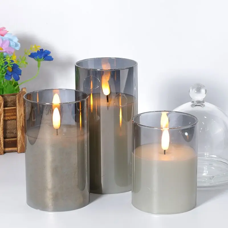 Set of 3 Golden Grey Clear Glass tube 3D wick LED Pillar candles Light Home Wedding Party Table lamp Lighting Decoration-Amber