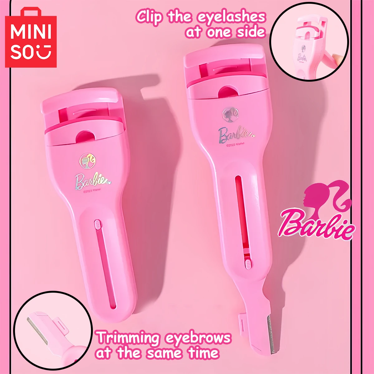 Rizador de pestañas portátil 2 en 1 de la serie de colaboración de Barbie MINISO, herramienta de maquillaje de ojos fácil de aplicar