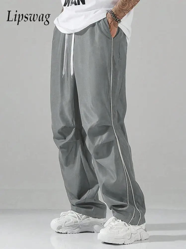 

Outdoor Sports Casual Men's Pants Spring Fall Stylish Drawstring Lace-up Loose Straight Pants Men Vintage Side Striped Trousers