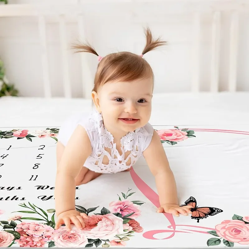 VIKAMA Baby Monthly Milestone Blanket, Newborn Growth Chart Calendar With Floral Frame, 100-Day Commemorative Photo Prop Blanket