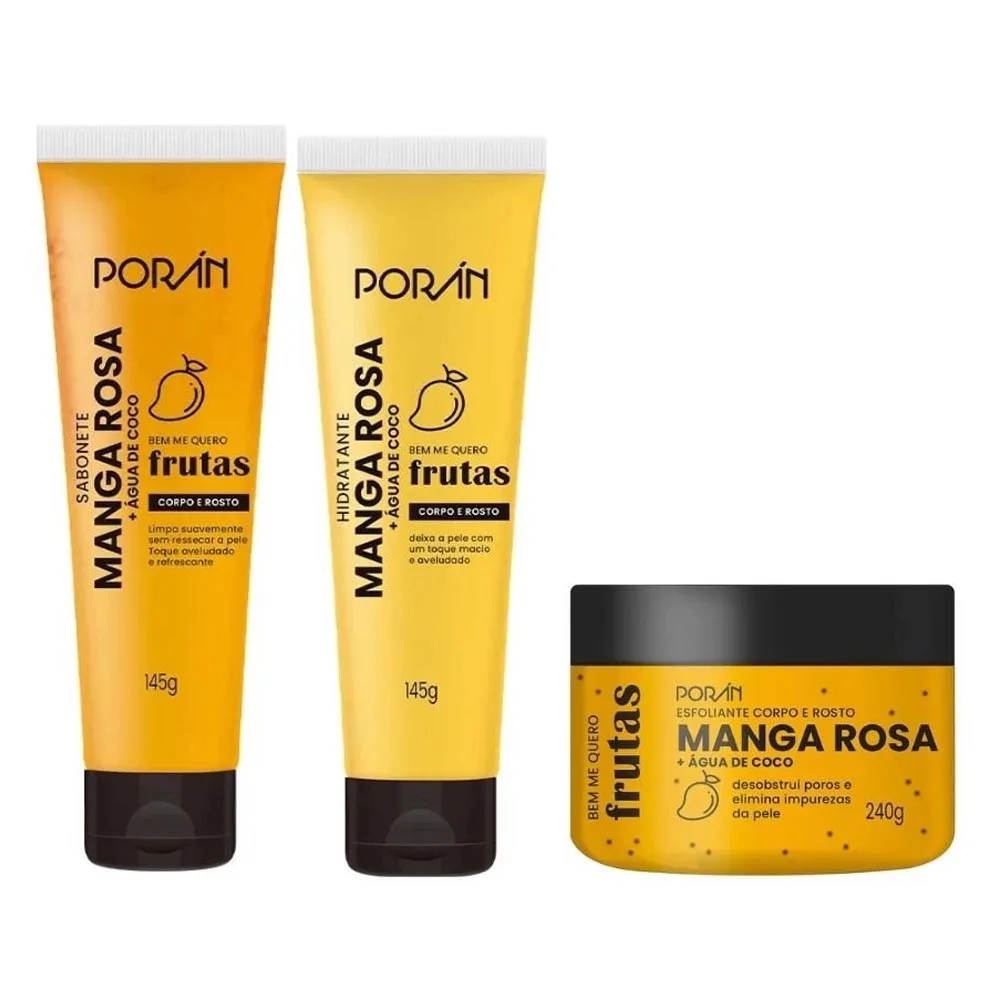 Kit c/ 3 Itens Esfoliante, Hidratante e Sabonete Corpo e Rosto Manga Rosa Porán