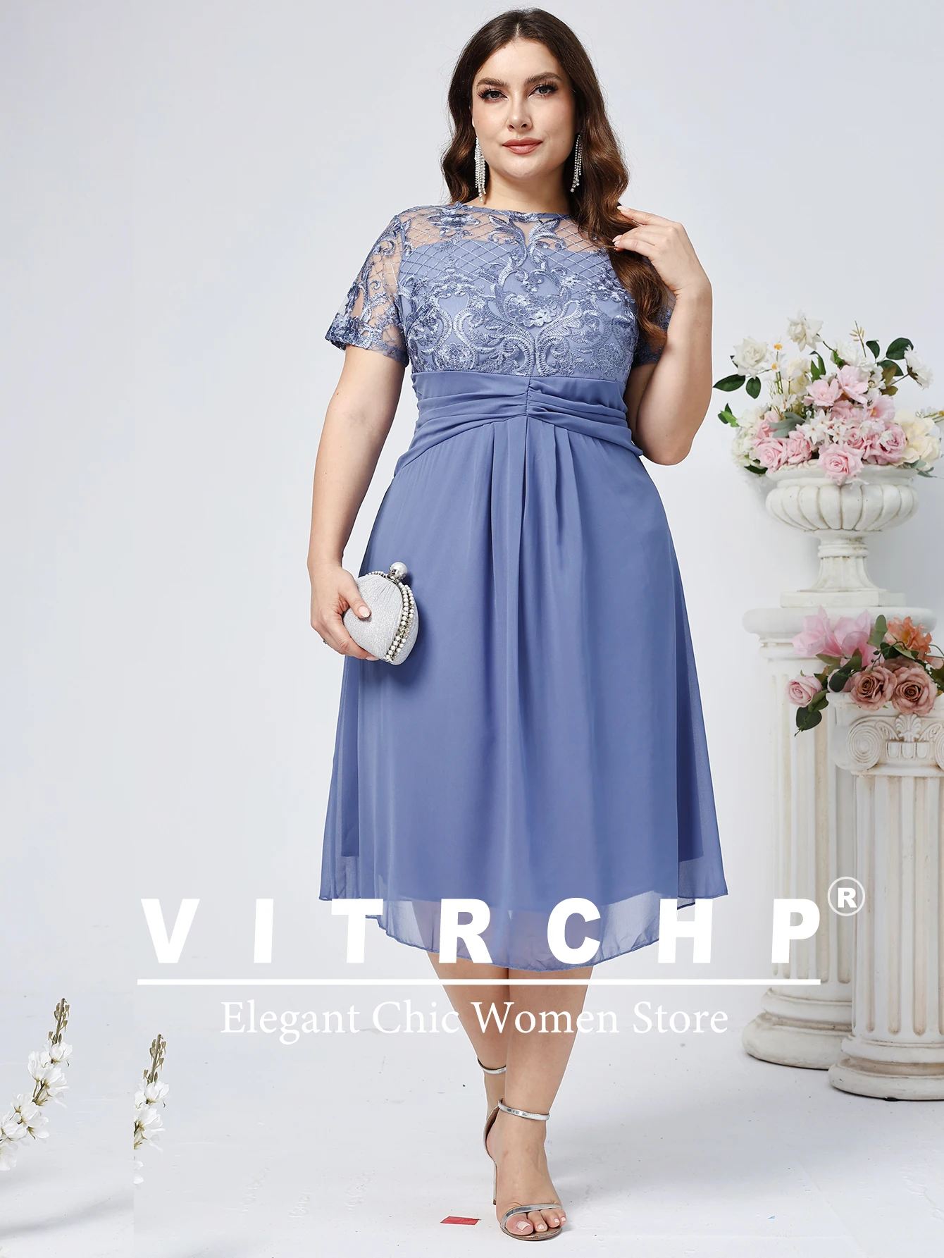 Plus Size Wedding Guest Dresses Women O Neck Lace Short Sleeve Elegant Party Dresses Fashion Solid Color Evening Dress