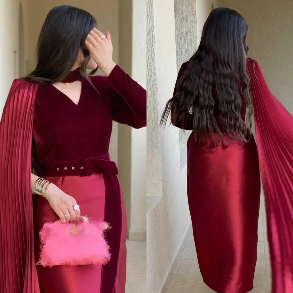 

Customized High Quality Velour Pleat Sash Straight V-neck Midi Dresses Bespoke Occasion Pastrol Chinese Style