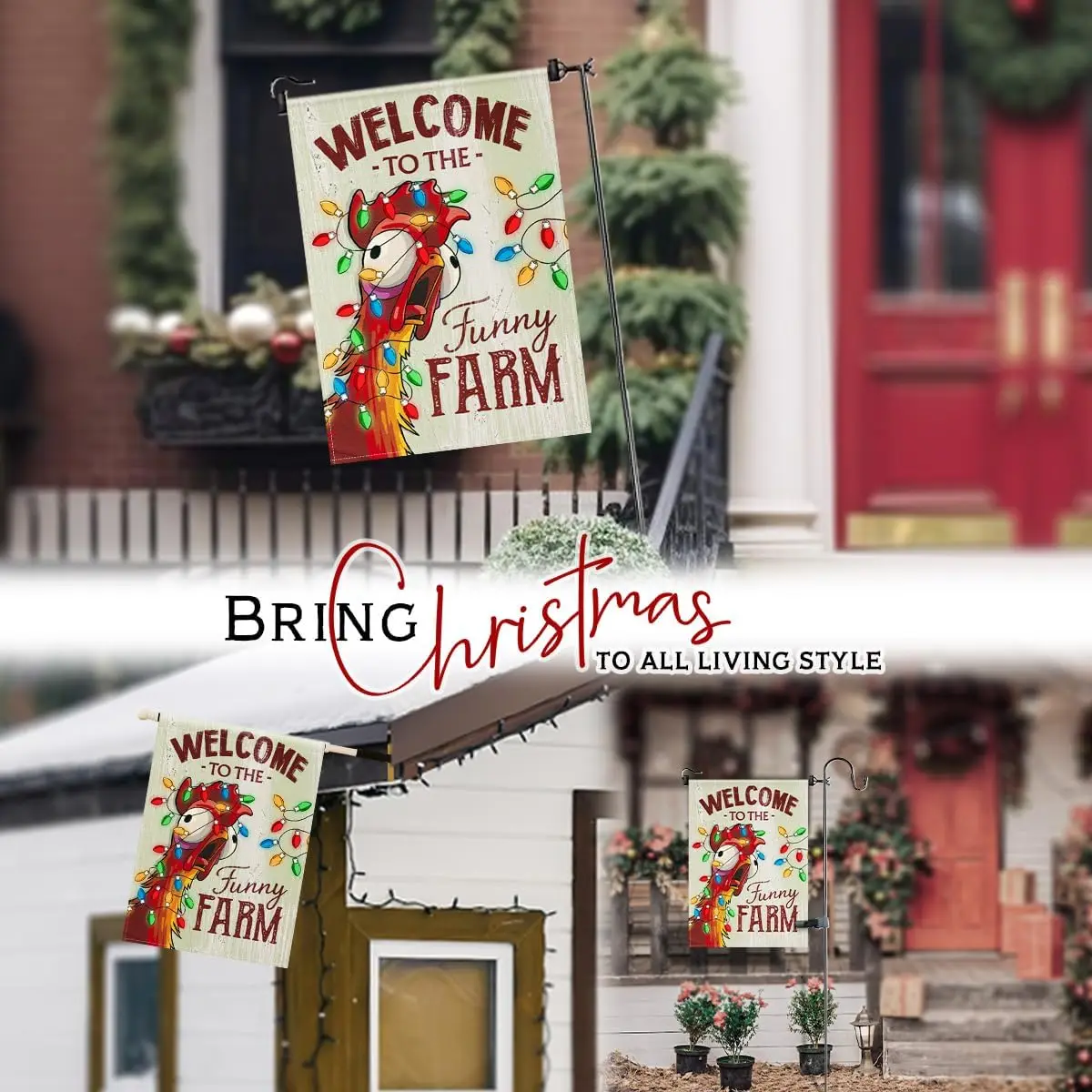 Christmas Welcome Flag - Fun Xmas Farmhouse Animal with Holiday Lights Garden Flags - Rustic Chicken Coop Décor Outside - We SSL - view 6