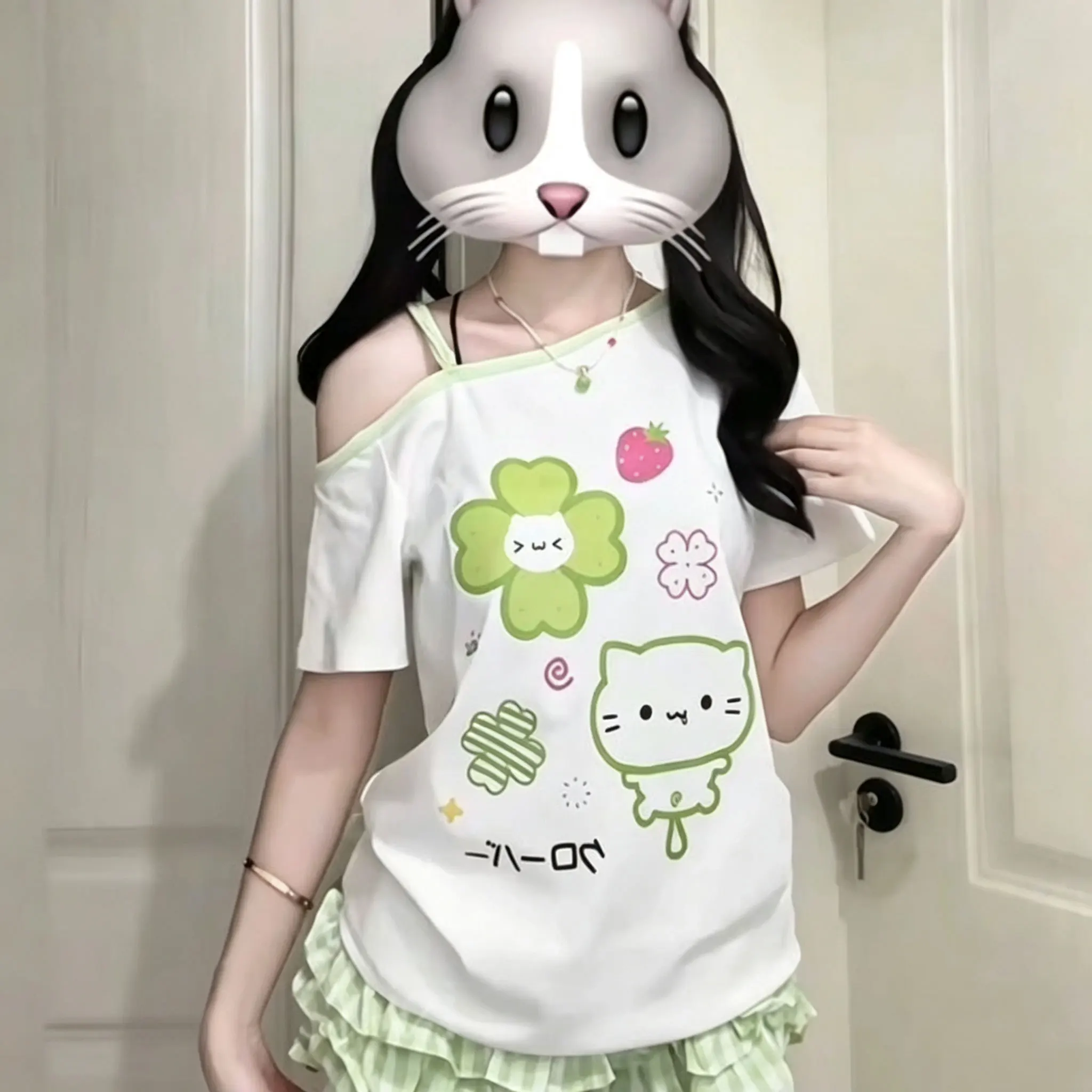 Y2k Clothes Two-piece Set Fun Cute Women Outfit Short-sleeve T-shirt Shorts Skirt Cat Print Casual Summer Dopamine Loose Top