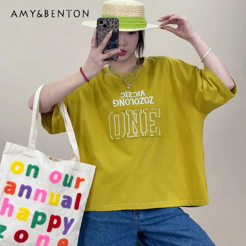 

Универсальная женская футболка свободного кроя для похудения, летняя, с короткими рукавами, с буквенным принтом, оверсайз, в стиле Ins, топ с короткими рукавами, футболки с короткими рукавами