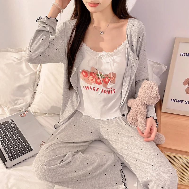 

Pajama Sets Kawaii Women Embroidered Tight Cold Sweet Female Ribbed Elastic V Neck Sleeveless Ankle Length Winter Golden Cloud