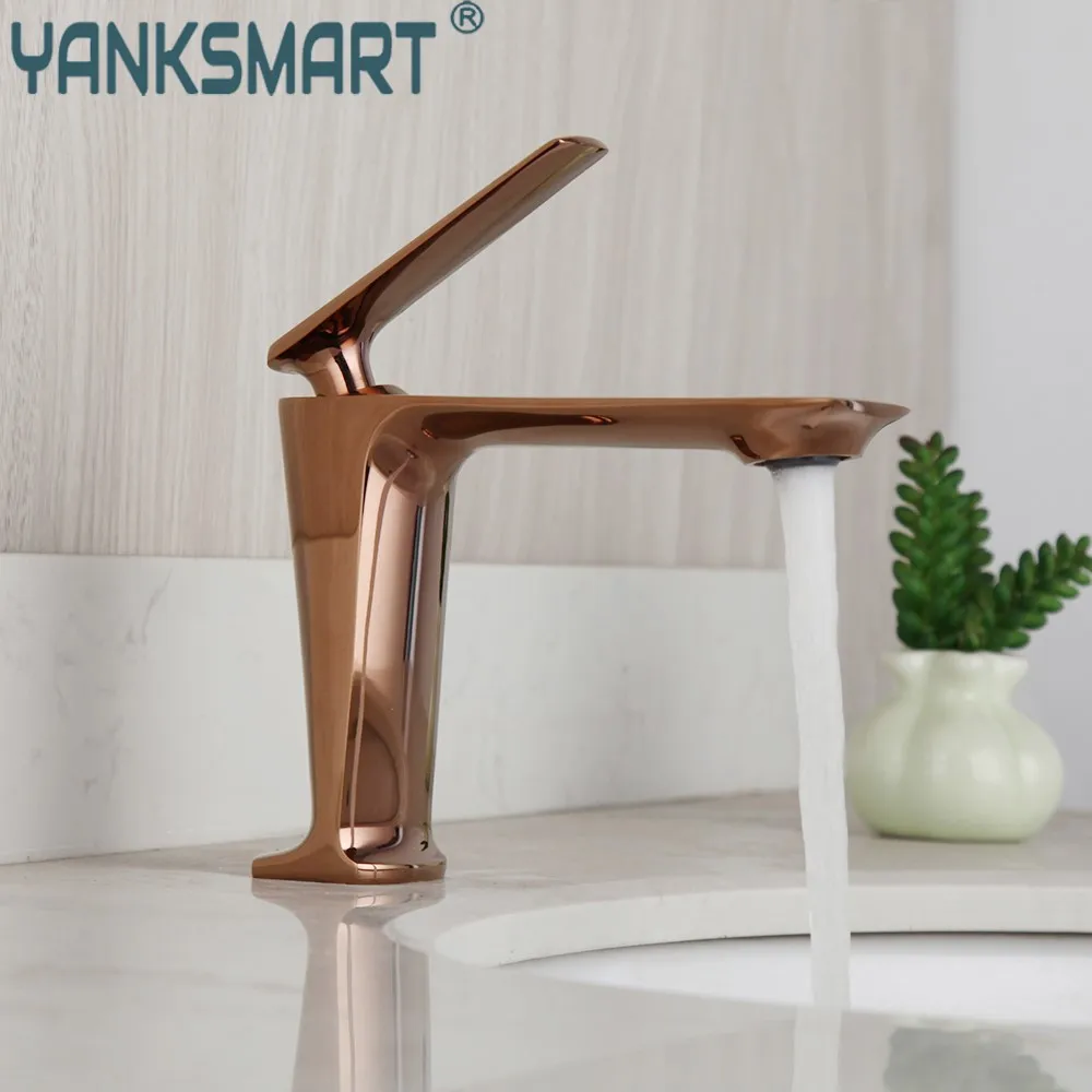 

YANKSMART Rose Gold Bathroom Faucet Basin Sink Deck Mounted Faucet Gold Polish Single Handle Hot And Cold Mixer Water Tap