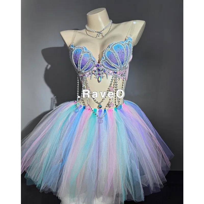 Sexy Music Festival Clothing Shell Pearl Shiny Crystal Bikini Colorful Gauze Skirt Rave Outfit Nightclub Party Show Gogo Costume