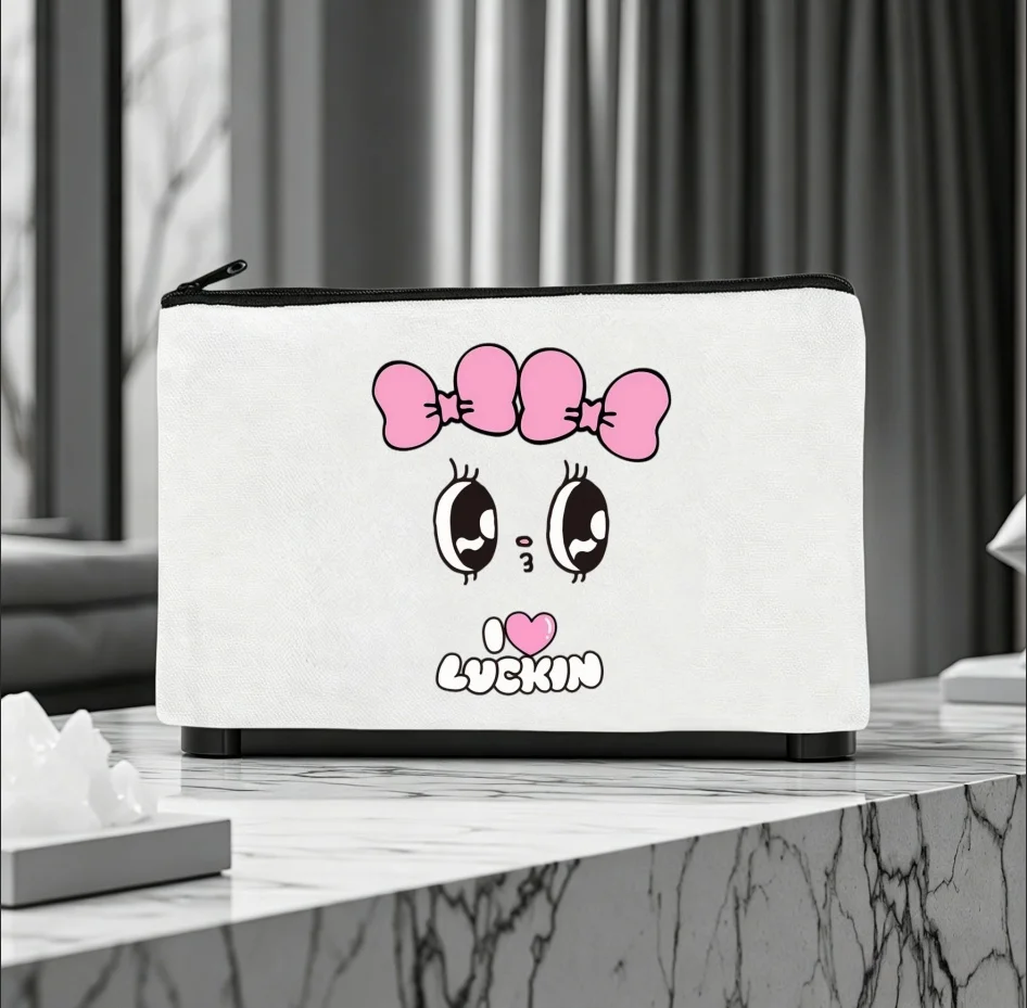 1PC Double-sided Canvas Pouch Pink Bow Cartoon Face Zipper Cosmetic Storage Bag