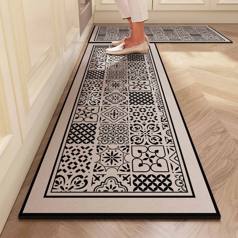 VIKAMA Vintage  Kitchen Crystal Velvet Floor Mat, Water-Absorbing, Oil-Absorbing, Anti-Slip, No-Clean L-Shaped Carpet, Home Deco