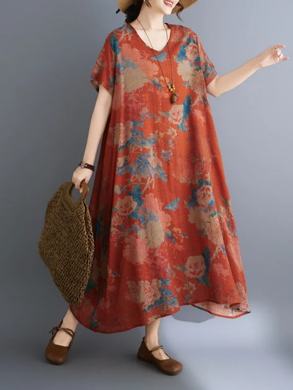

V-Neck Vintage Cotton Lin Long Dress Asymmetrical Hemline Travel Casual Mommy Clothes plus Size Floral Print A-Line Dress