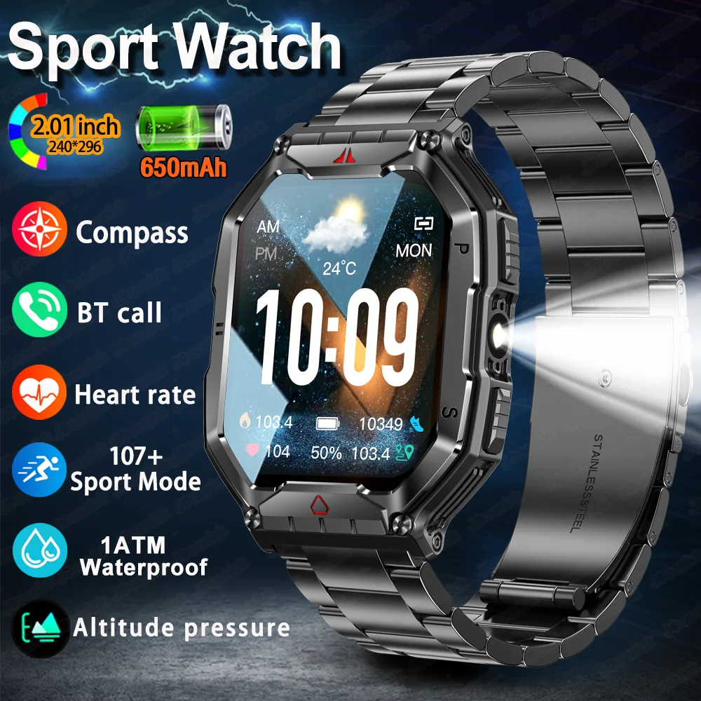 

Multi Sport Smart Watch Men Outdoor Compass LED Flashlight 650mAh Large Battery 2.01" HD Display Heart Rate BT Call Smartwatch