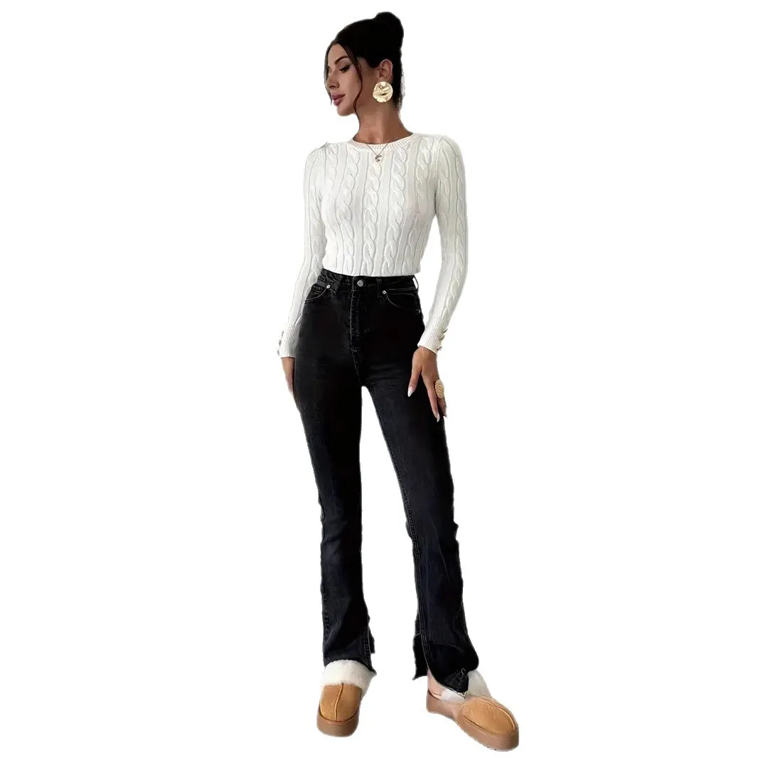 Faionable décontracté tricoté pull rond Ne torsadé haut en laine femmes Premium vêtements trajet Sle Long Sve coupe régulière