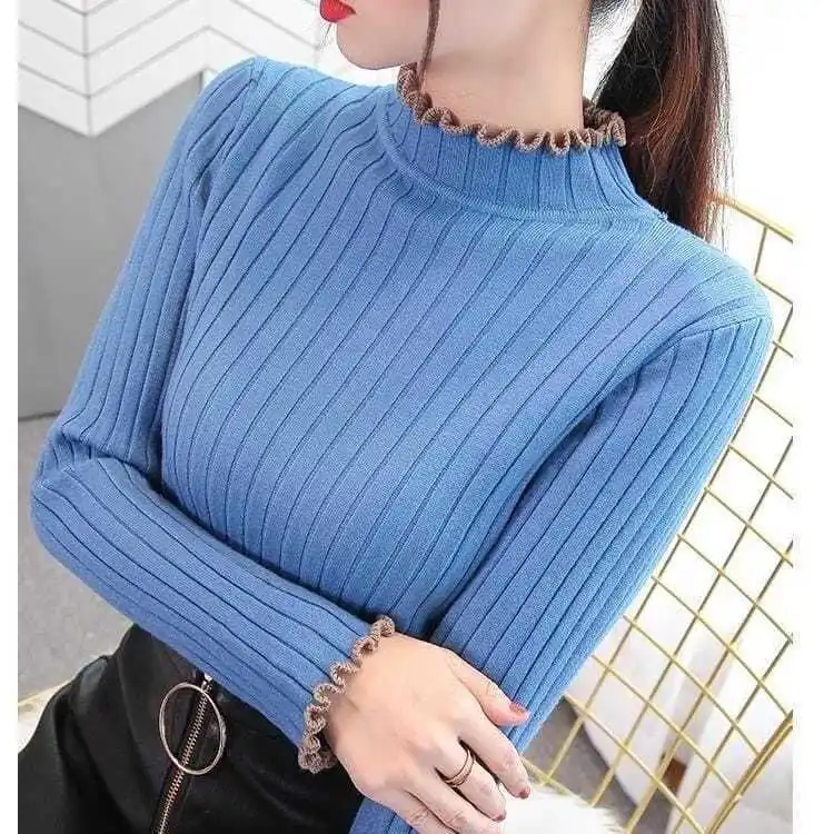 Suéter De punto para Mujer, jerséis nuevos De manga larga con cuello con volantes, suéter De punto, Tops para Mujer, suéteres, suéteres De Mujer Q1167