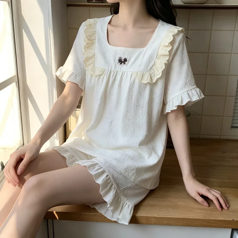 Women Summer Pajama Set Bow Design With Chest Pad Solid Sleepwear Square Collar Lace Ruffle Bow Cute Sweet Sleepwear Loungewear