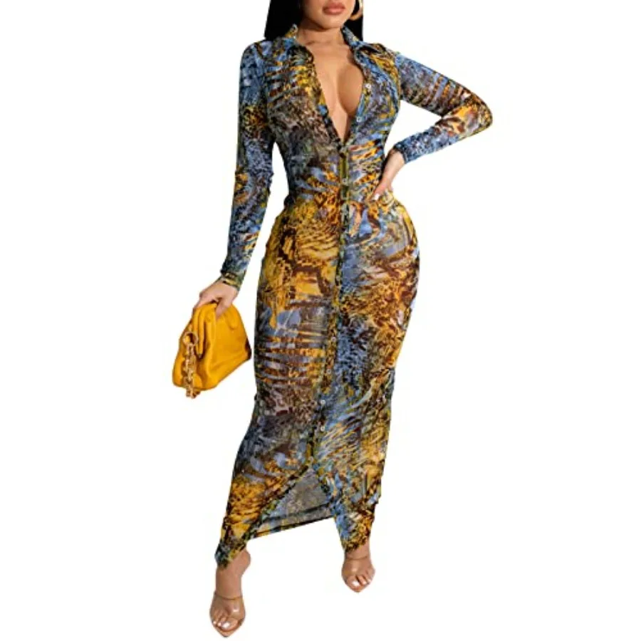 

Women's Sheer Mesh Long Sleeve Bodycon Midi Dress Club Night Out Dresses Beach Cover Up Dress