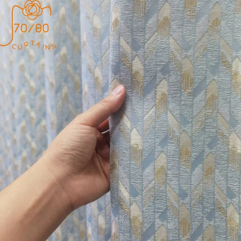 Gold Silk Glacier Blue Jacquard Thousand Bird Pattern Gold Mosaic Curtains for Bedroom Living Room French Window Custom Villa