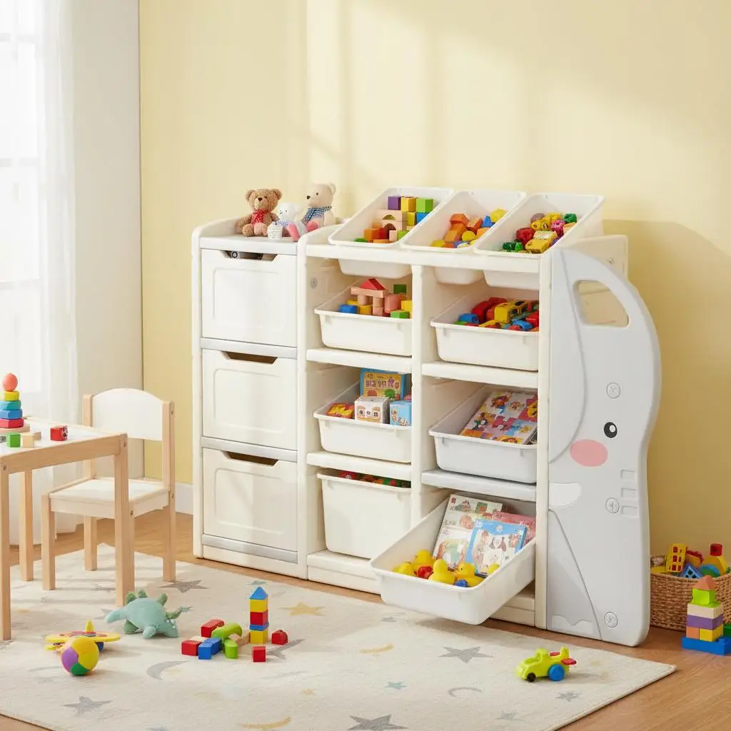 

Полка-органайзер Elephant Toy Shelf 30"x13"x26" для кабинета, спальни, игровой комнаты, 4-ярусная, 10 пластиковых передвижных контейнеров из HDPE, серо-бежевая, Nurse