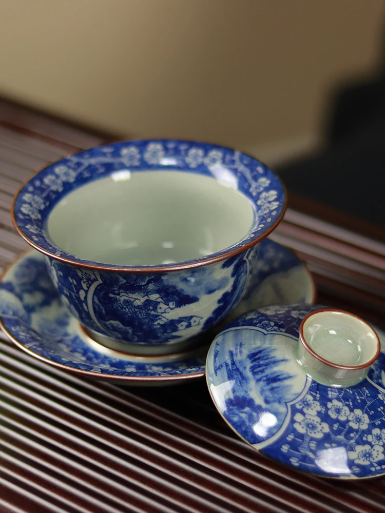 Handmade Jingdezhen Old Clay Gaiwan Ceramic Household Vintage   Porcelain Tea Making Large Bowl Gracked Glaze Supportable