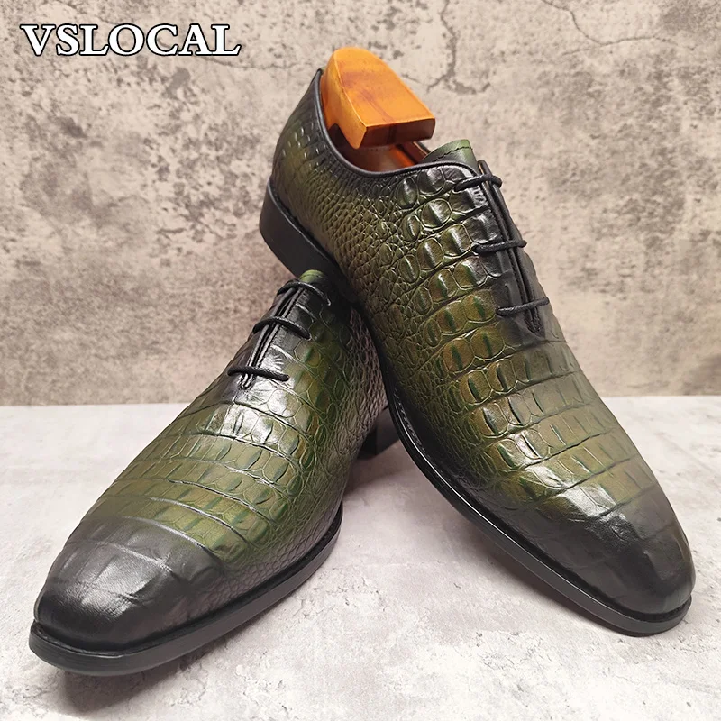 Zapatos Oxford de lujo para hombre, zapatos de vestir informales con estampado de croco verde y negro, zapatos de cuero genuino para oficina y boda con cordones para hombre