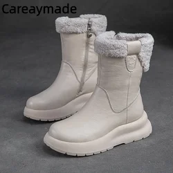 Careaymade-Genuine leather wide version Winter mid length snow boots ,plush insulation thick soled casual women's short boots