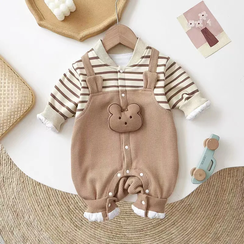 Baby Romper 2024 Autumn Newborn Waffle Clothing Striped Cartoon Bear False 2PCS Boys Jumpsuit  Toddler Girls Double Layer Onesie