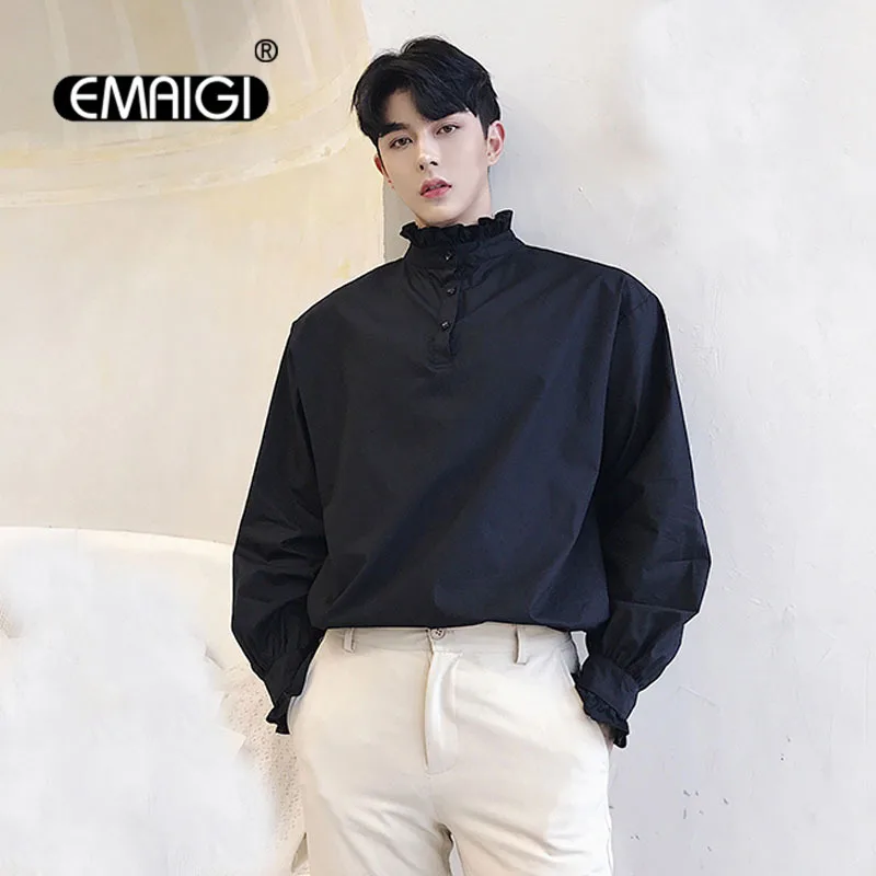 

Wear Front Back Shirt Men Retro Fashion Long Sleeve Casual Stand Collar Pullover Shirts Male Women Loose Party Dress Shirts