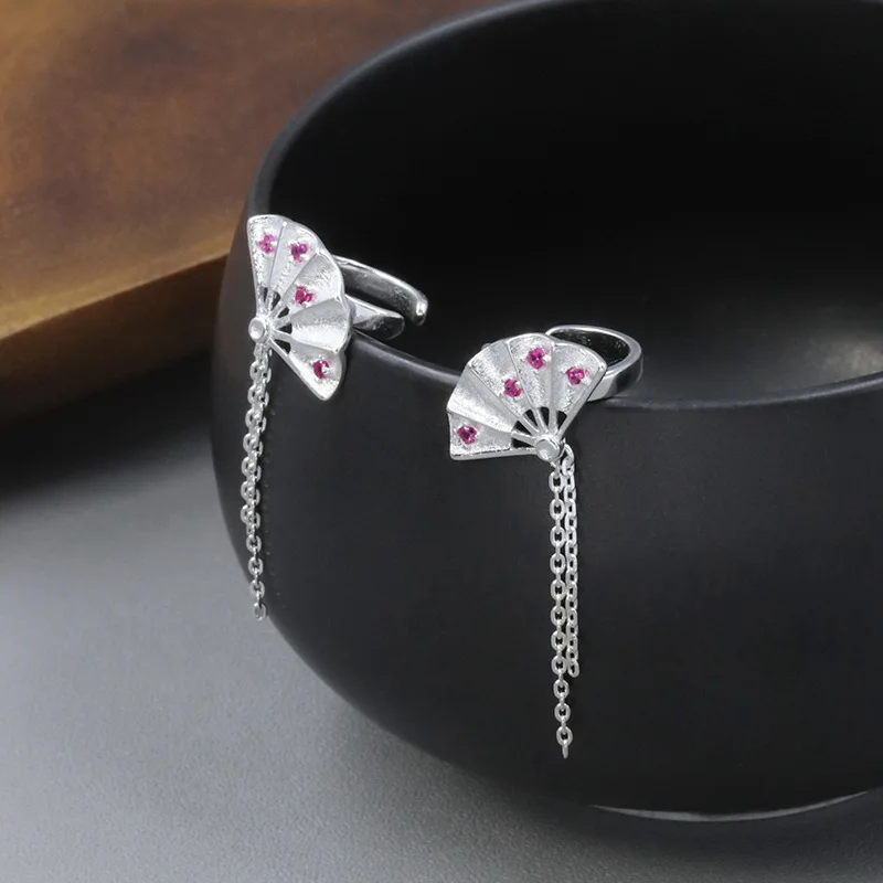 Amxiu Sterling Silver 925  Shake Wind Earrings Folding Fan Tassel Cuff New Chinese Style National Trend Non-Pierced Ear Jewelry